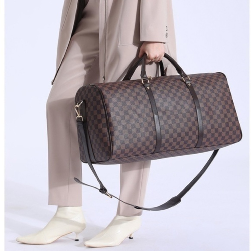 Brown Check Travel Duffel Bag - Classic Checkerboard Carryall - Picture 6 of 7